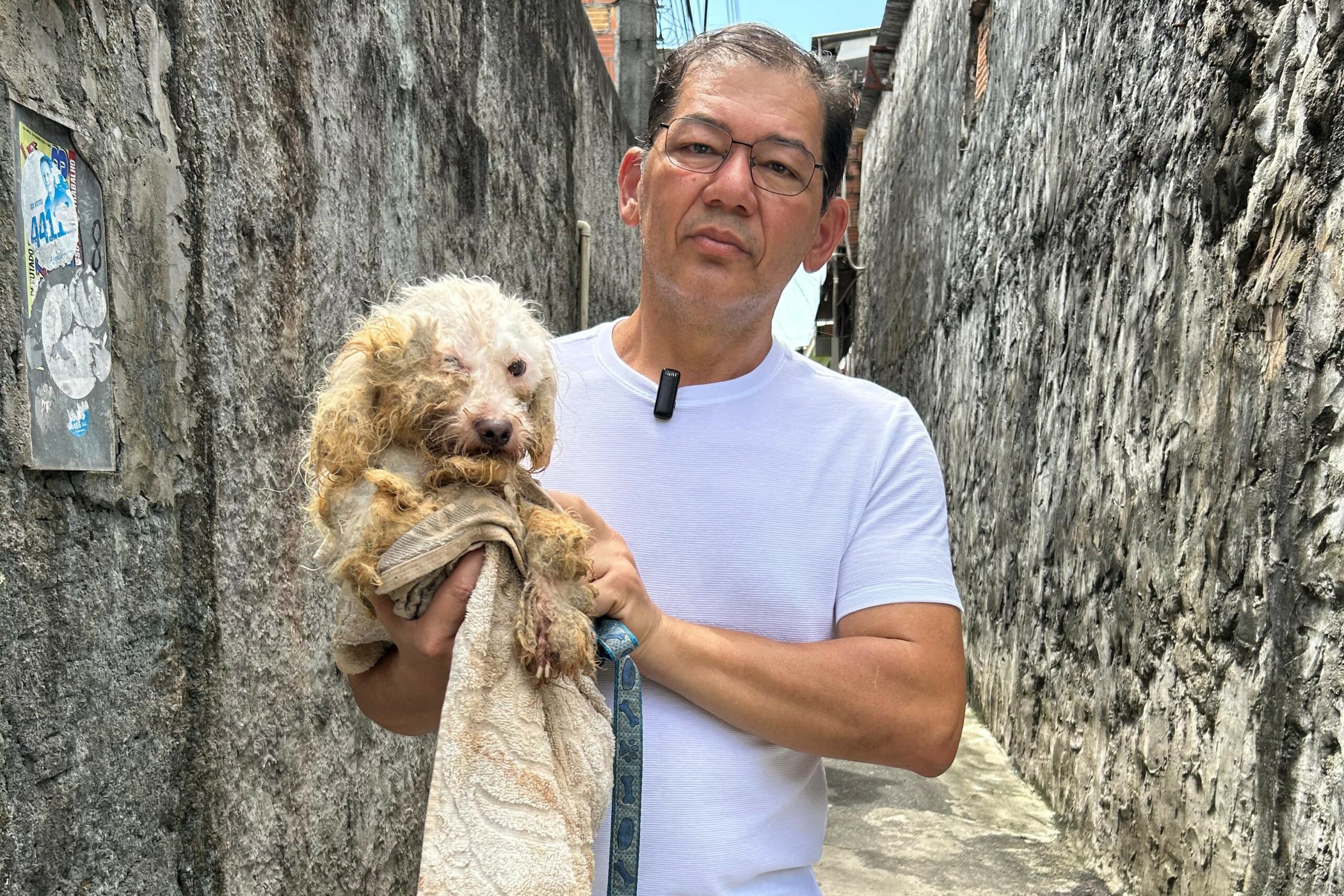 Dog is rescued inside a trash basket in the Coroado neighborhood, in Manaus