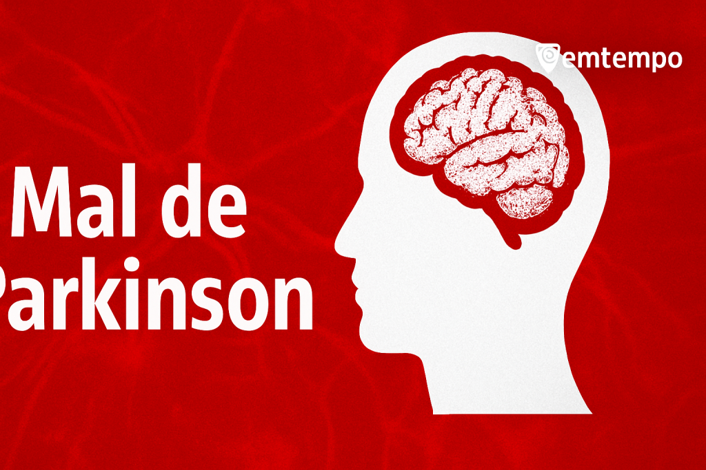 Ilustração conceitual sobre o Mal de Parkinson, com fundo em tons suaves e elementos gráficos representando neurônios e o cérebro, acompanhada da logo do EM TEMPO no canto superior direito.