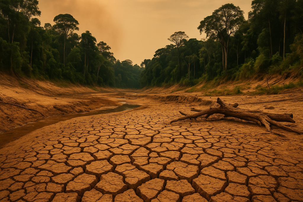 Seca extrema em leito de rio na Amazônia, com solo rachado e floresta ao fundo, ilustrando os efeitos do aquecimento global na região.
