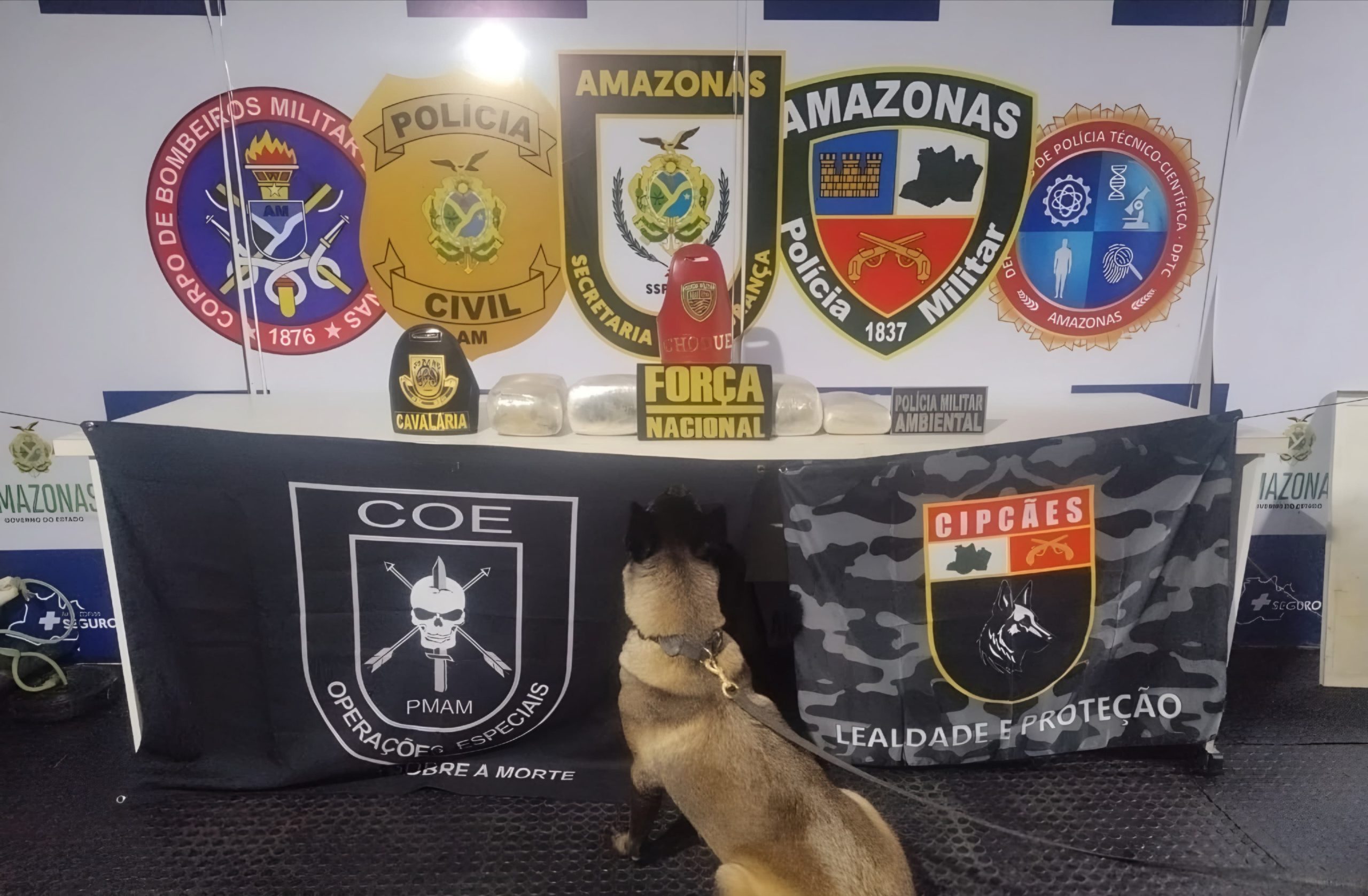 Tabletes de drogas apreendidos dentro de saco de farinha pela PMAM em operação na Base Arpão 3