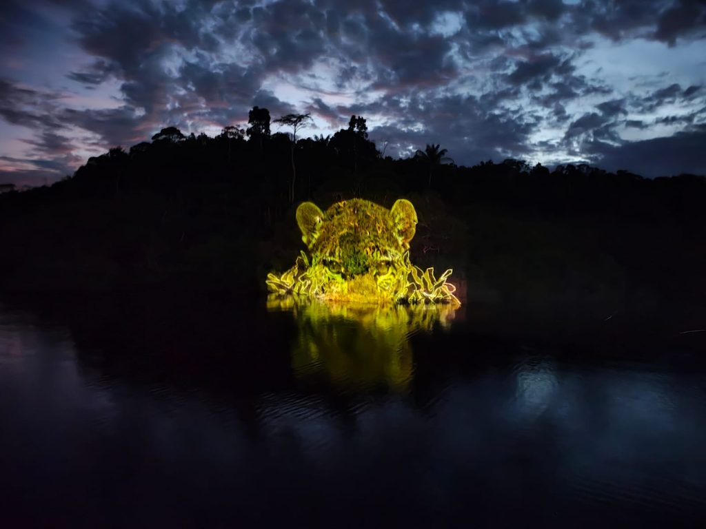 Projeções artísticas iluminam as árvores da floresta durante o Projeta Amazônia, em Manaus