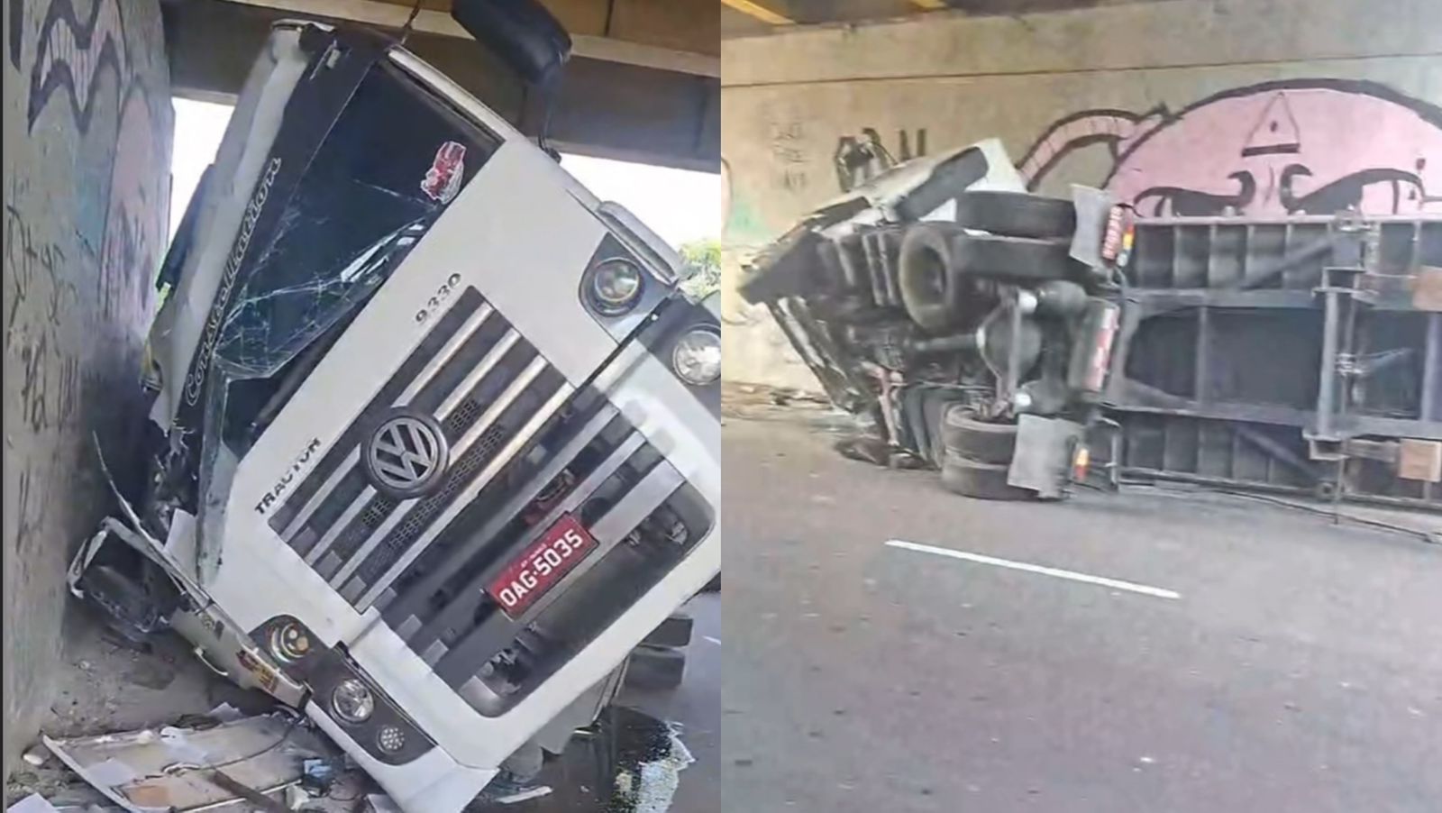 Motorista fica ferido após caminhão tombar na Avenida Max Teixeira