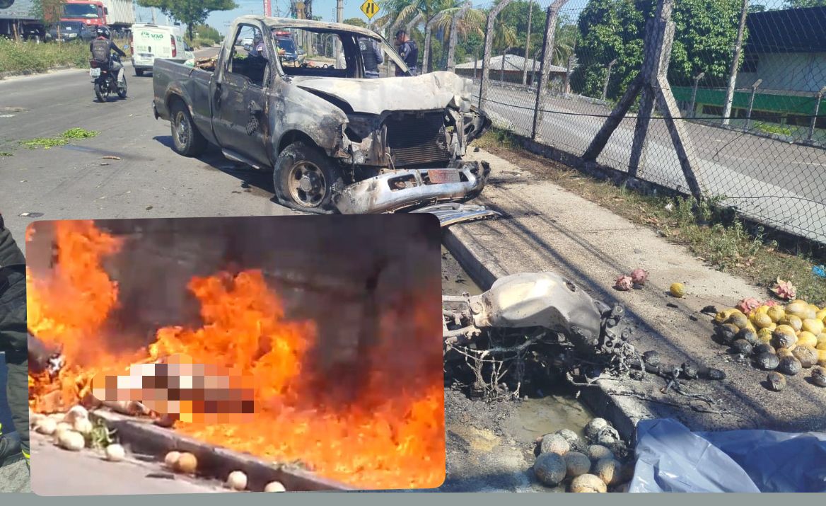 Veja momento que picape invade contramão e mata motociclista carbonizado em Manaus