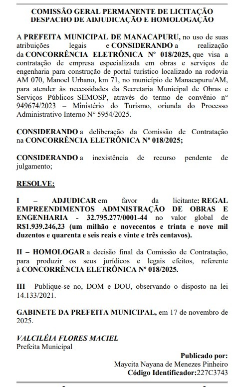 FOTO: Homologação Diário Oficial