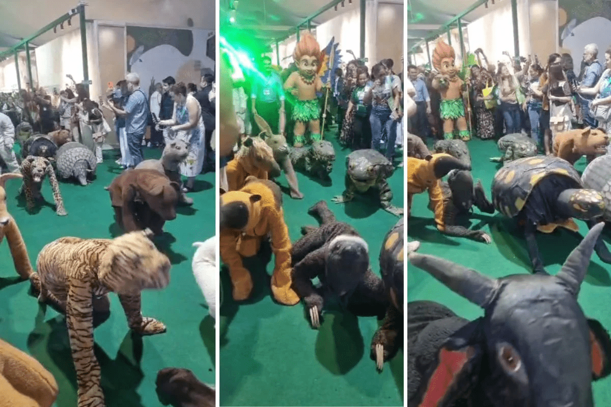 Atores vestidos de animais rastejam pela biodiversidade amazônica na COP30