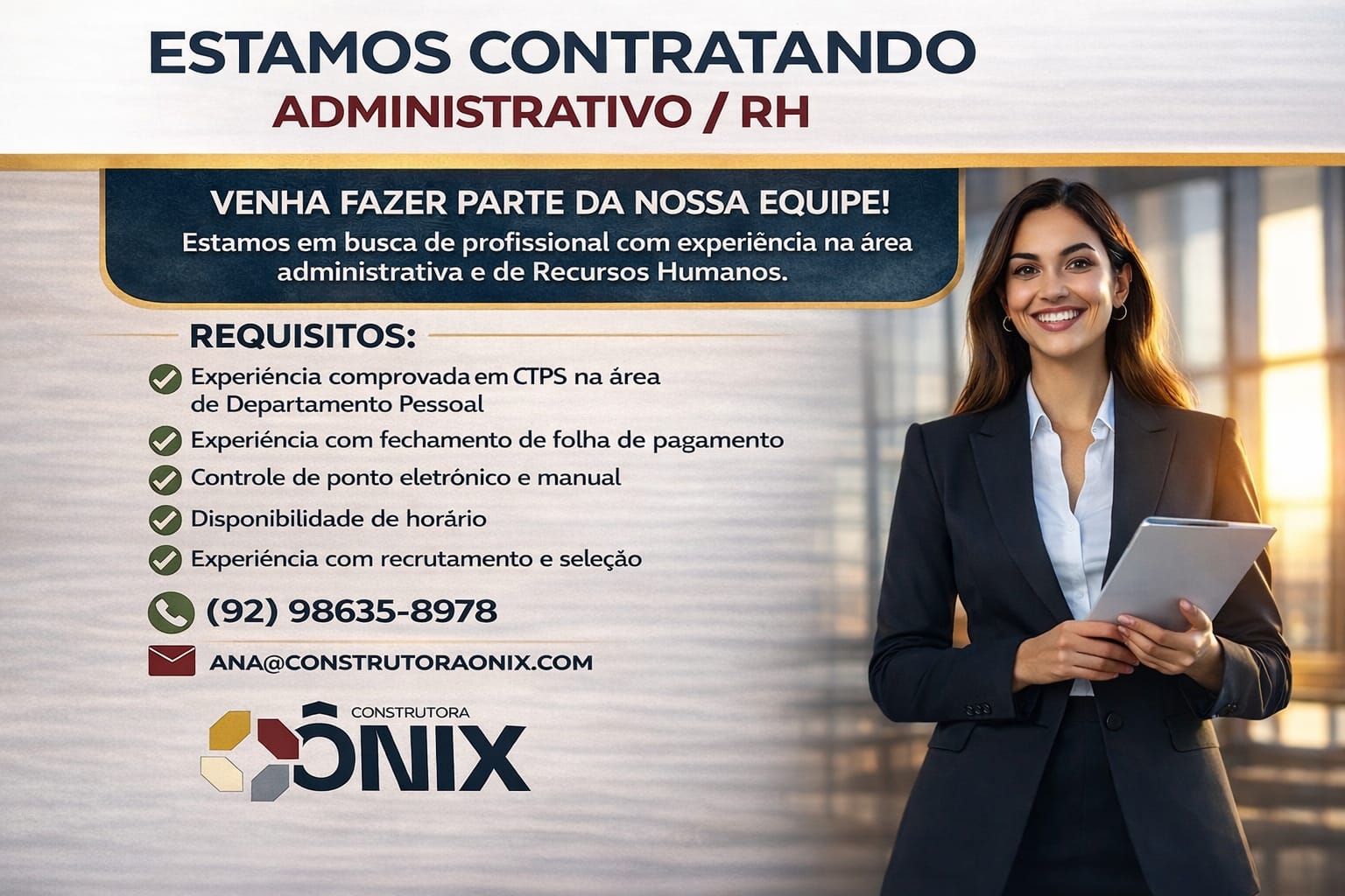 Construtora Ônix abre vagas para carpinteiro, eletricista e administrativo em Manaus