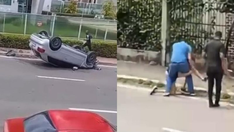VÍDEO: Motoristas saem na porrada após carro capotar no Parque 10