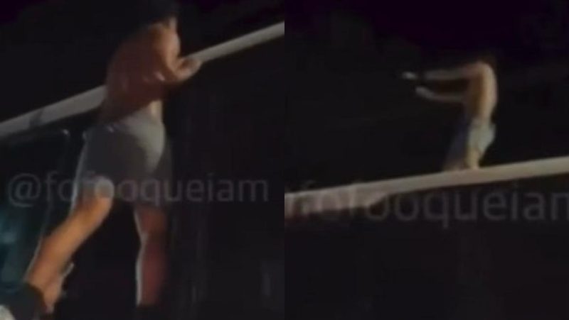 VÍDEO: Homem protagoniza ato de vandalismo ao subir em teto de ônibus durante ‘Corre de Quinta’ em Manaus