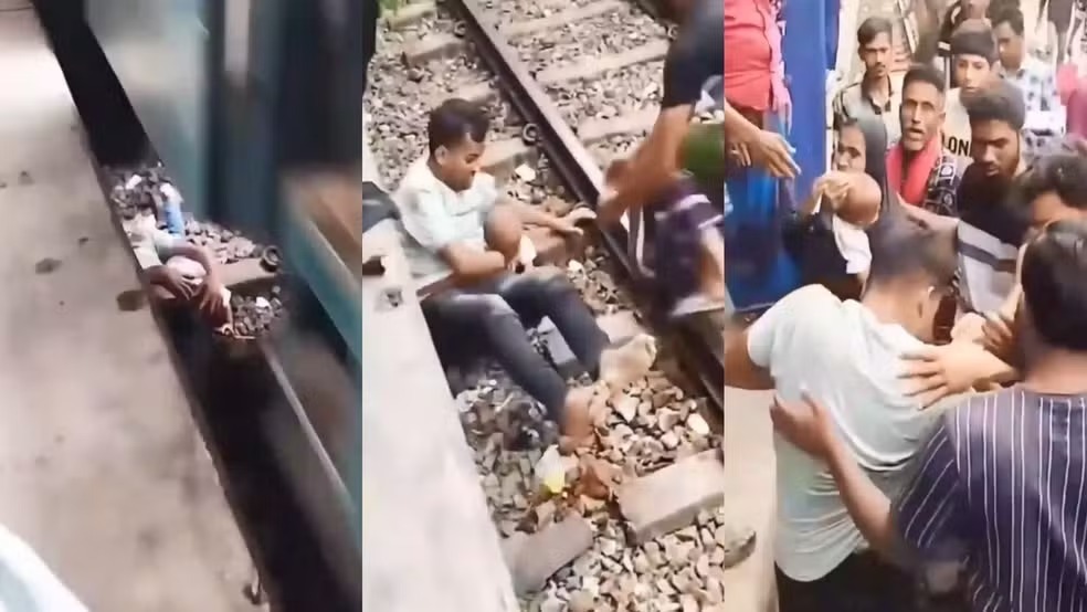Pai se joga nos trilhos para salvar filho durante passagem de trem
