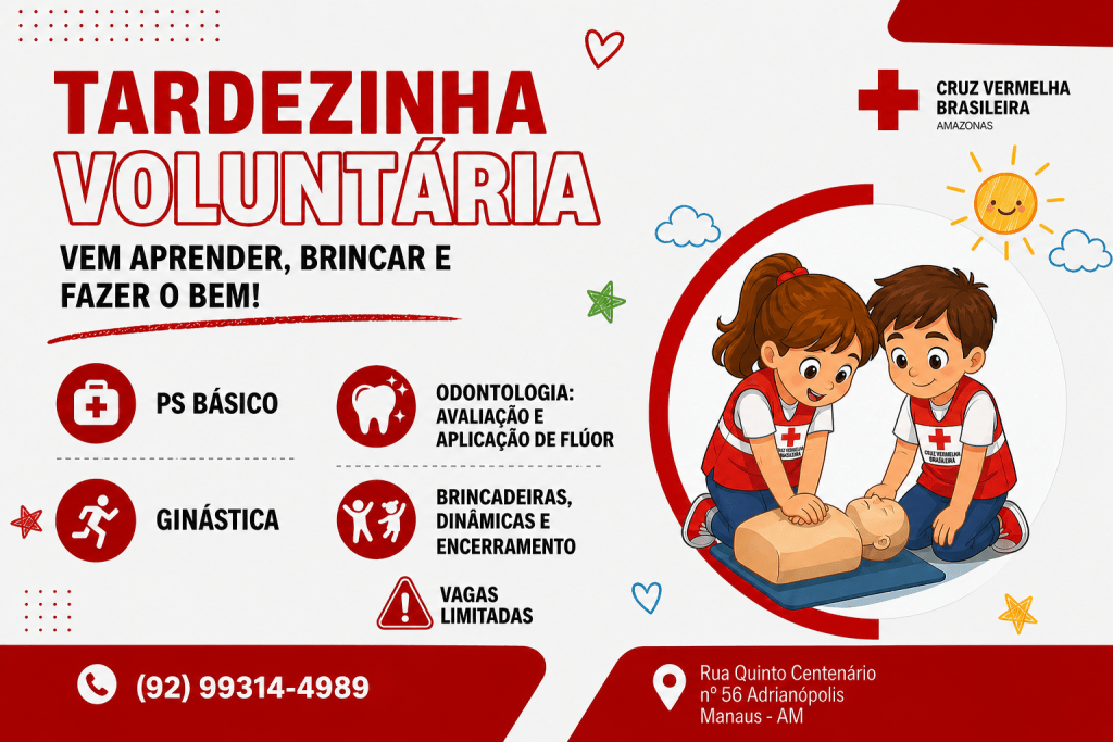 Cartaz de divulgação de atividades educativas em evento da Cruz Vermelha em Manaus