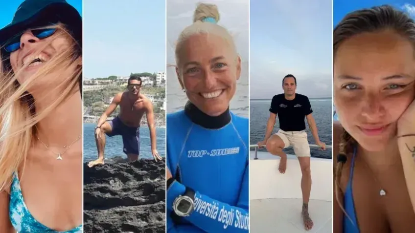 Da esquerda para a direita Muriel Oddenino, Federico Gualtieri, Monica Montefalcone, Gialunca Benedetti e Giorgia Sommacal, mergulhadores italianos que morreram nas Maldivas • Reprodução CNN via Facebook/University of Genoa/Albatros Top Boat/Instagram
