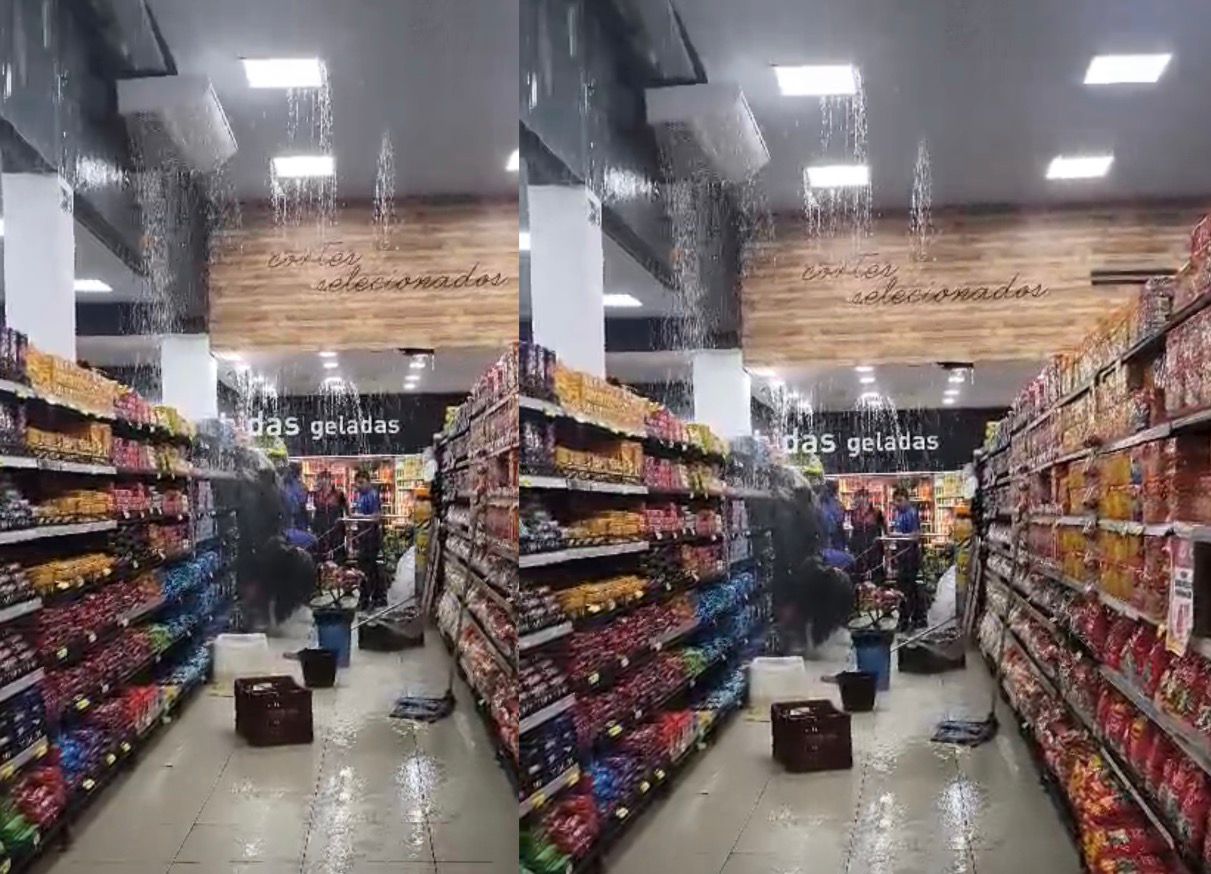 VÍDEO: Água invade supermercado pelo teto durante temporal em Manaus