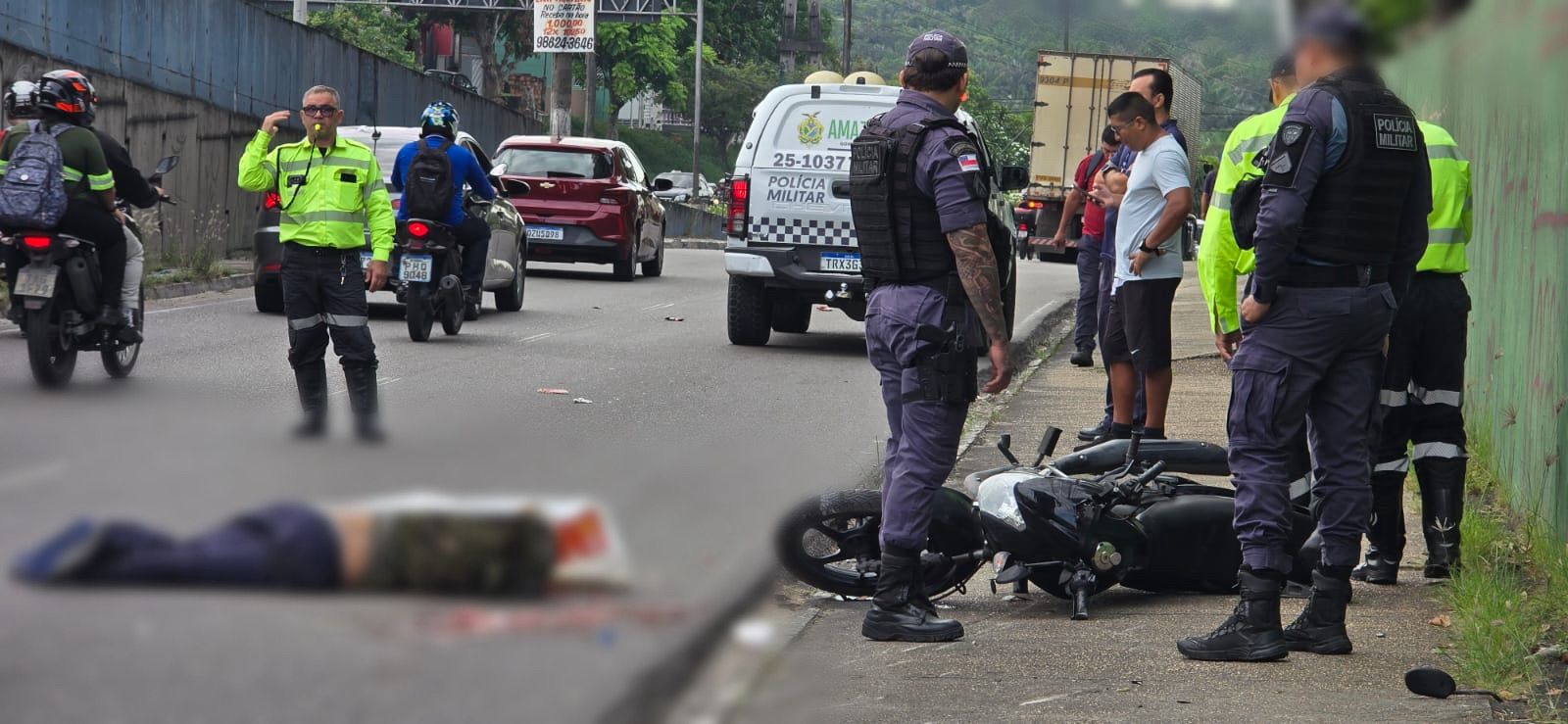 Motociclista morre com cabeça esmagada após cair embaixo de caminhão em Manaus