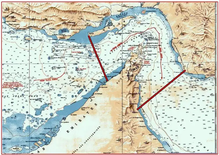 Mapa do Estreito de Ormuz com área de controle marítimo divulgada pela Guarda Revolucionária do Irã