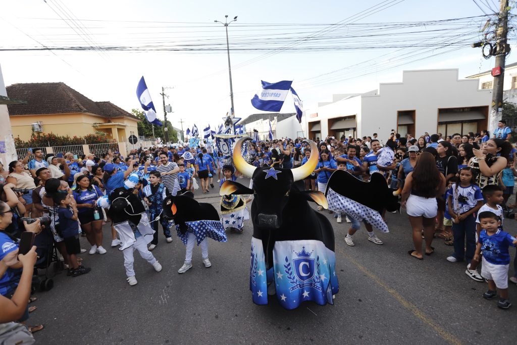 Crianças participam do Boizinho de Rua do Boi Caprichoso em Parintins