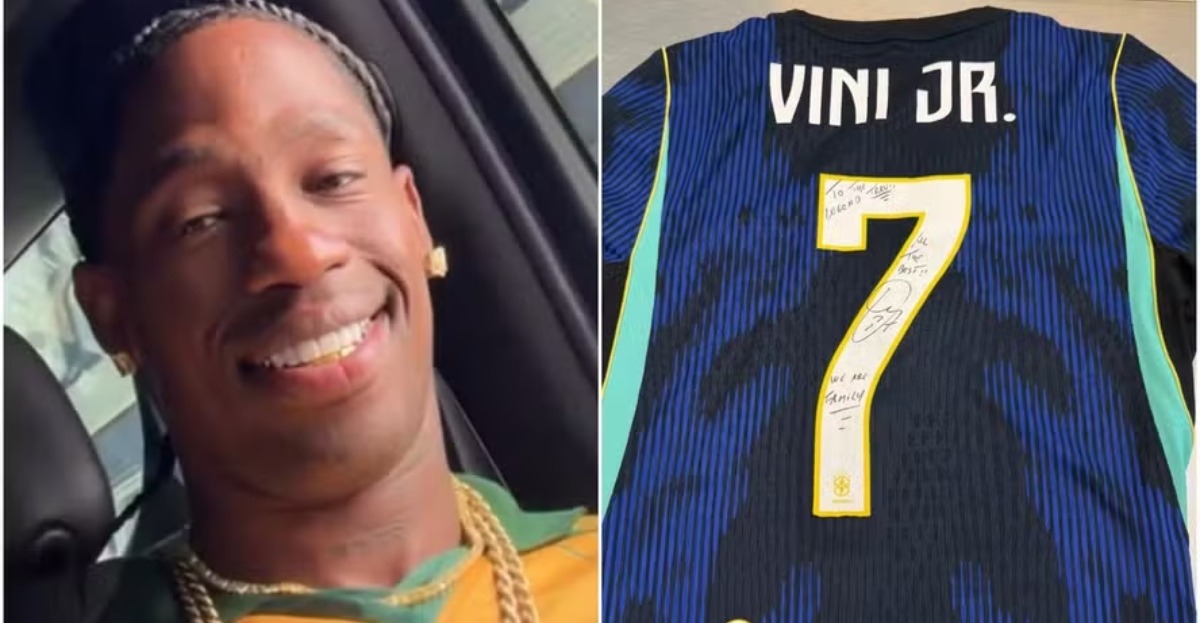 Travis Scott ganha camisa autografada de Vini Jr. após vibrar com gol do Brasil