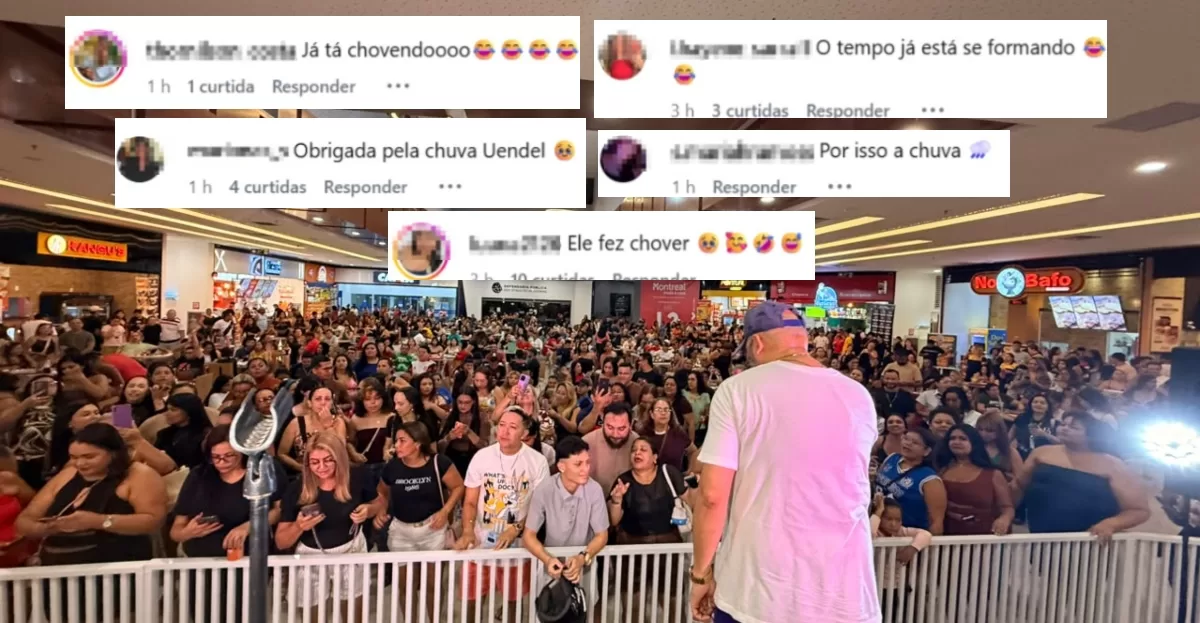 Show de Uendel Pinheiro lota shopping de Manaus e brincadeira com chuva viraliza nas redes